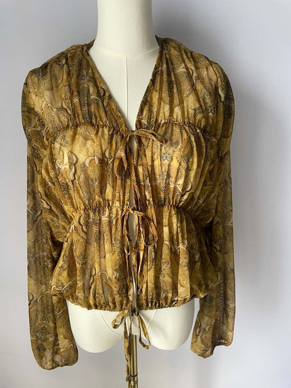 Zara Gold Paisley Mesh Tie Blouse